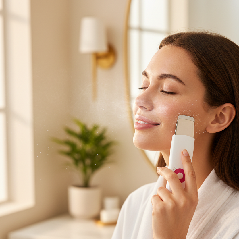 Mujer usando el limpiador facial blanco con botón rosado